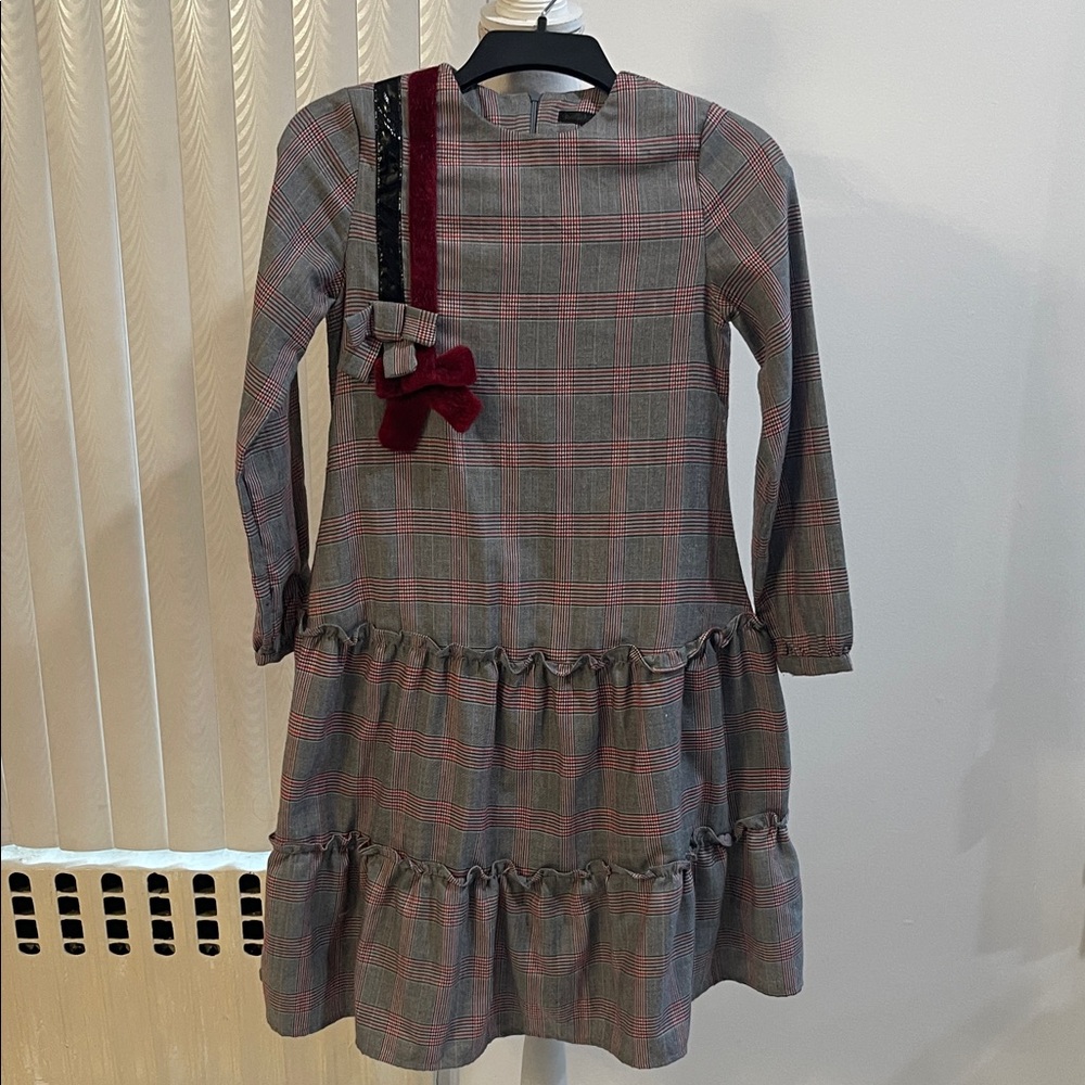 Kidichic Plaid Long-Sleeve Kids Dress w/ Bow Accent excellent condition size 14